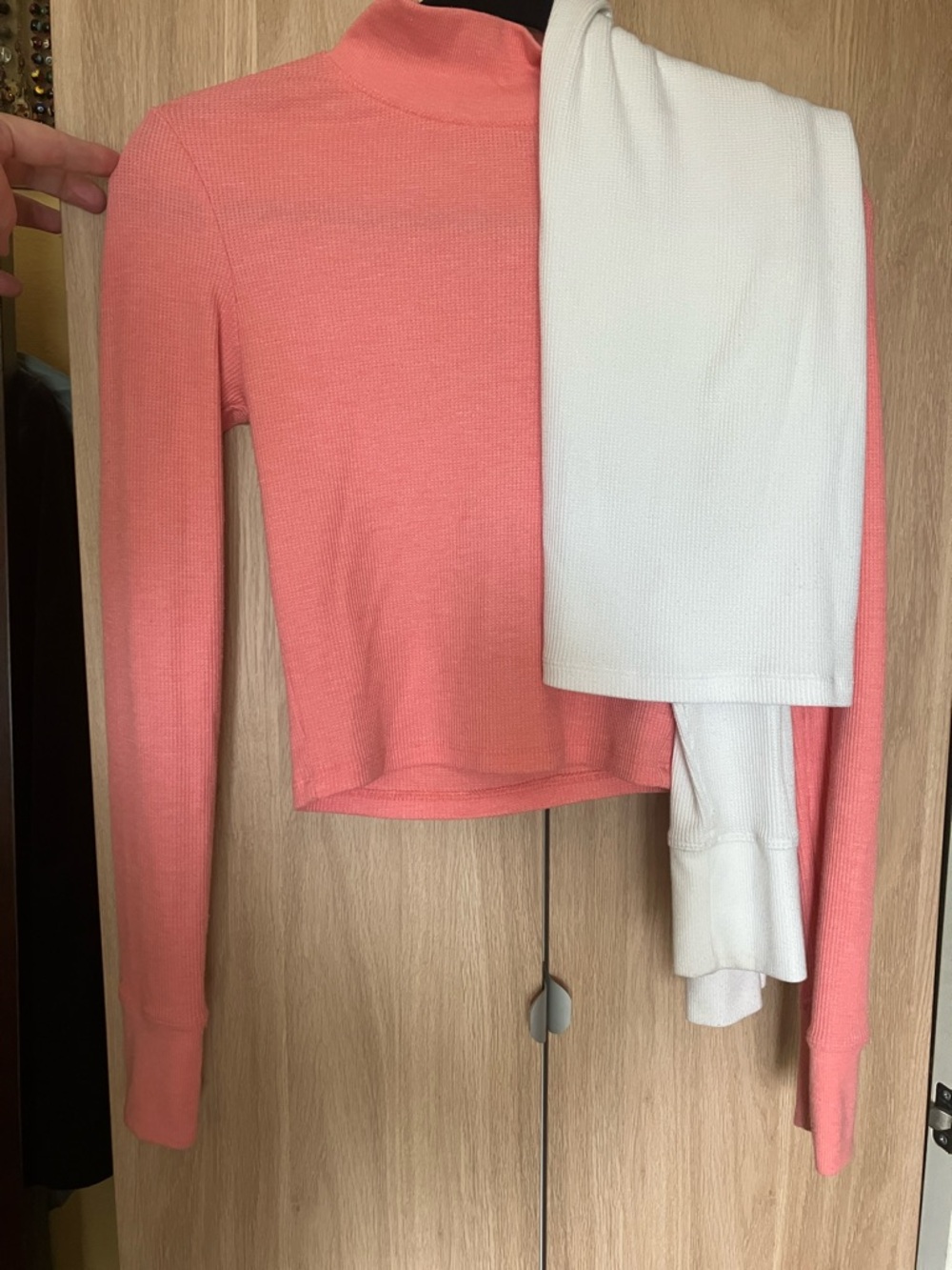 2 American Eagle - White and Pink waffle Long-Sleeve Mock Neck Tops